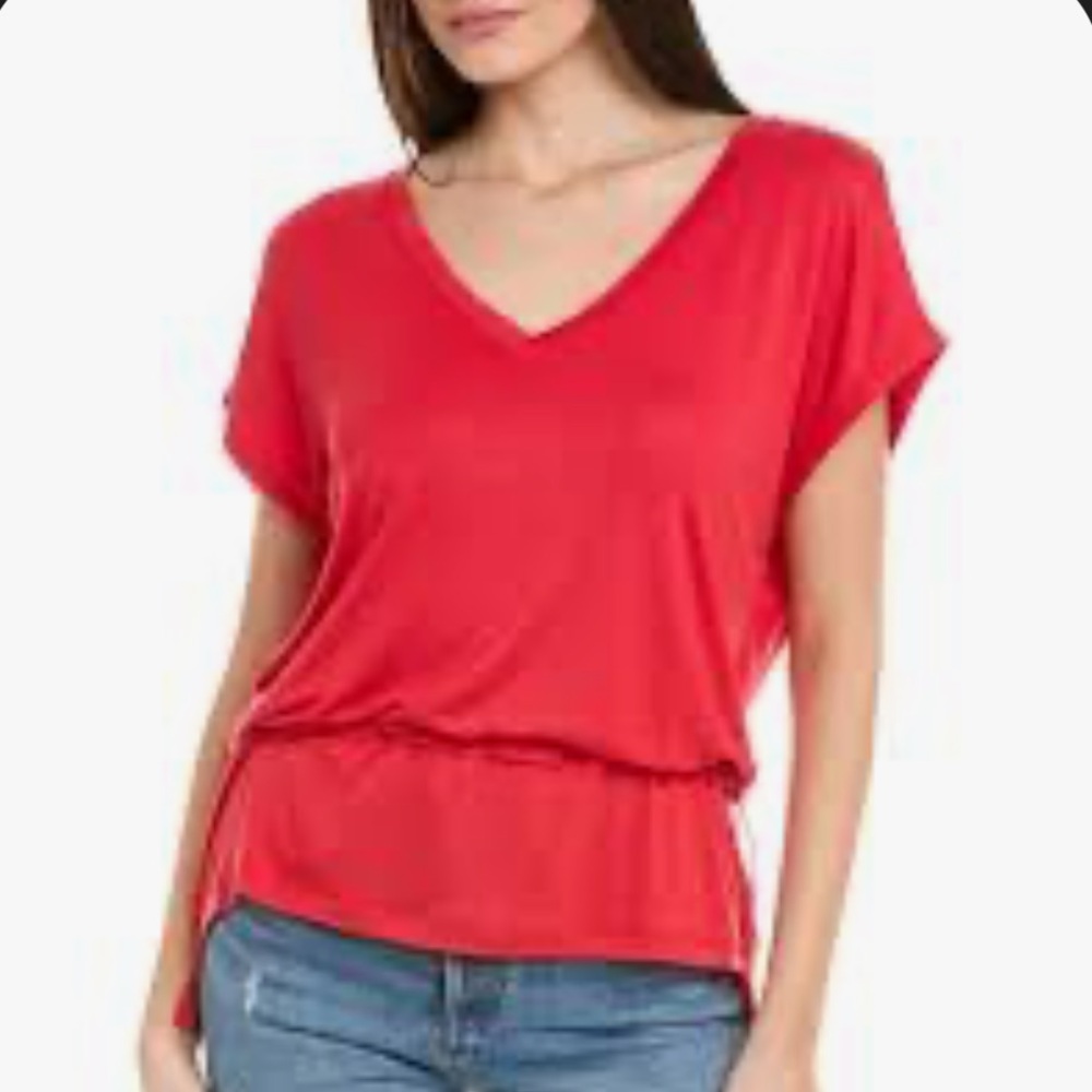 CAbi Women’s Short Sleeved Drawstring Red V-Neck Top Medium
